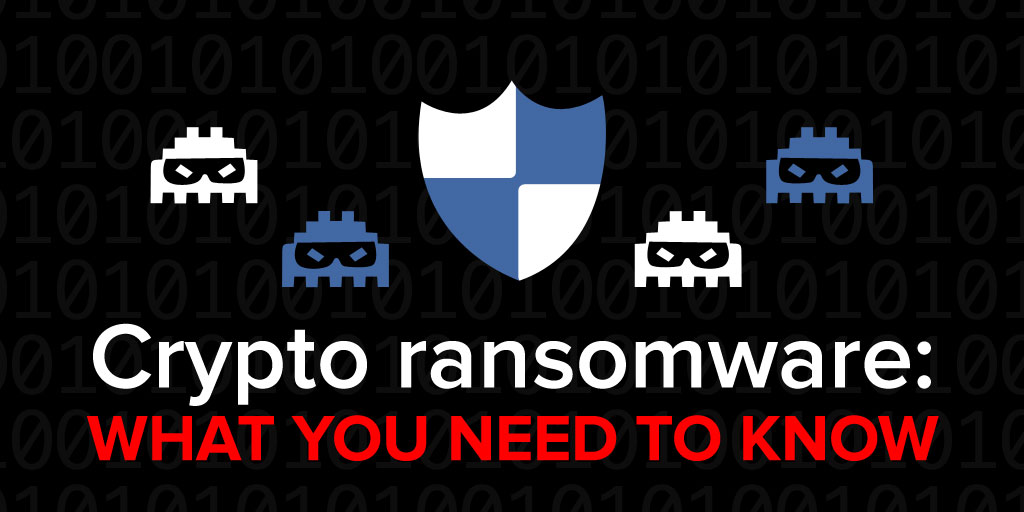 Shield surrounded by ransomware bots.