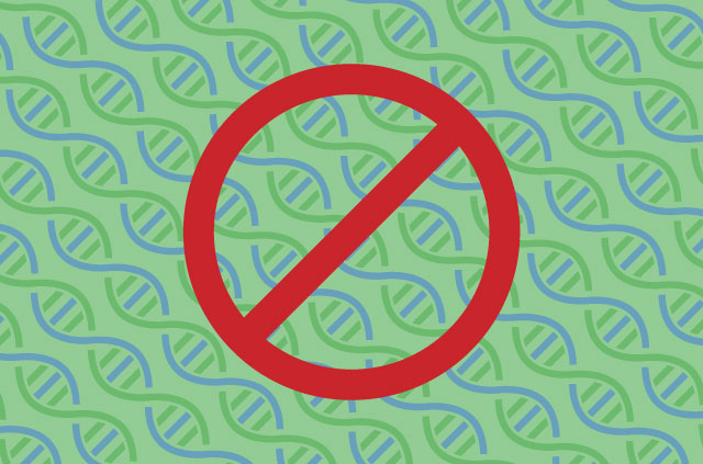 No entry sign over DNA double helix strings.