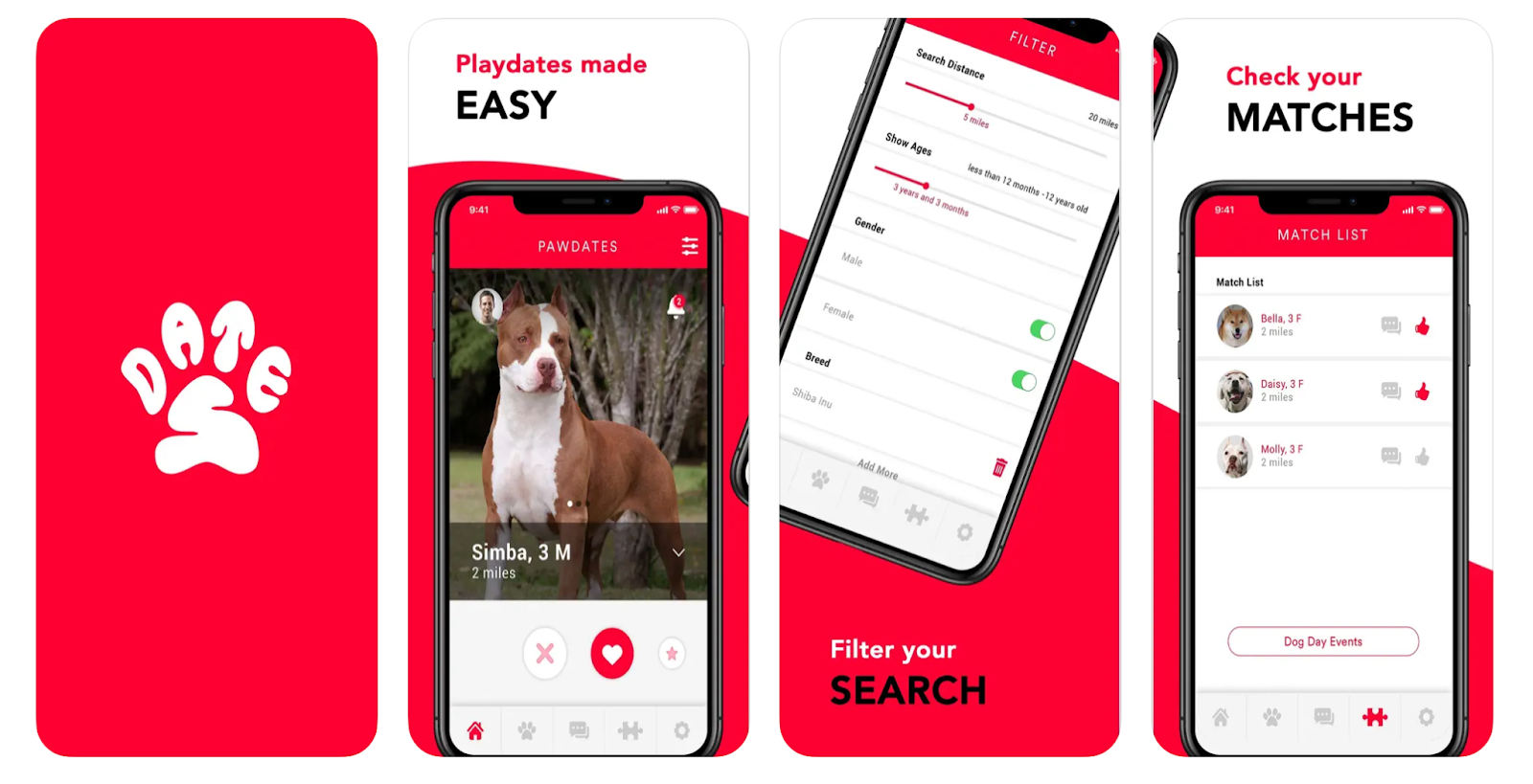 Apps voor vrienden: PawDates app interface