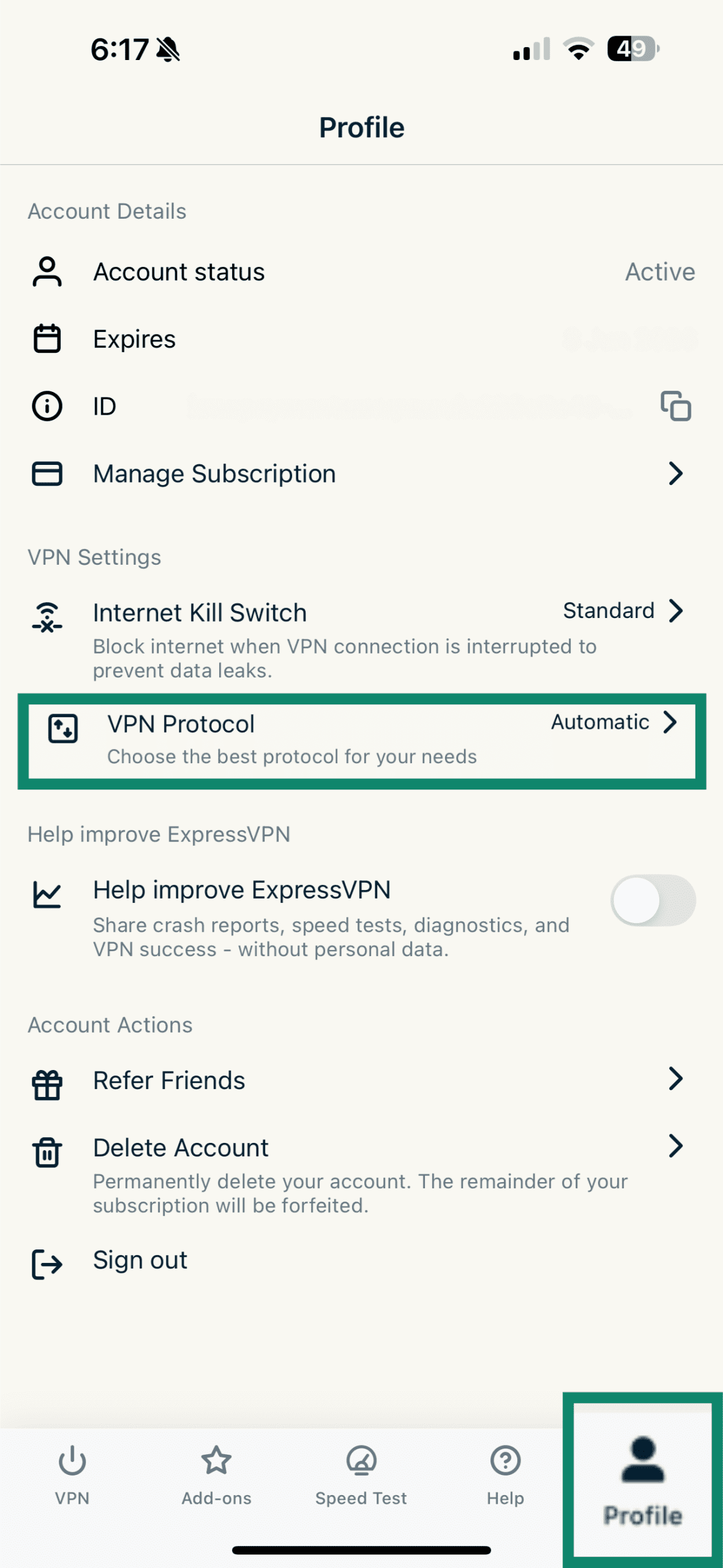 Screenshot of the ExpressVPN app with the &ldquo;Profile&rdquo; tab open and &ldquo;VPN Protocol&rdquo; option highlighted.