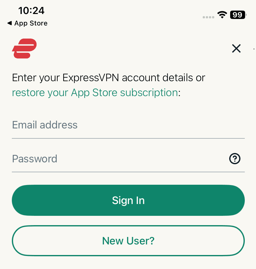 Screenshot of the ExpressVPN app&rsquo;s login screen, with fields for entering login credentials and an option to sign up for a new account highlighted.