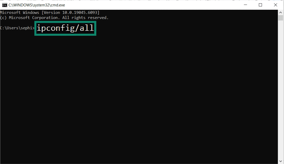 Command prompt with ipconfig /all typed to display network configuration