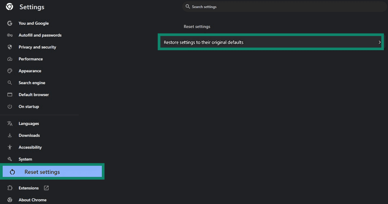 Chrome Settings menu with the Reset settings and Restore settings to their original defaults buttons highlighted.