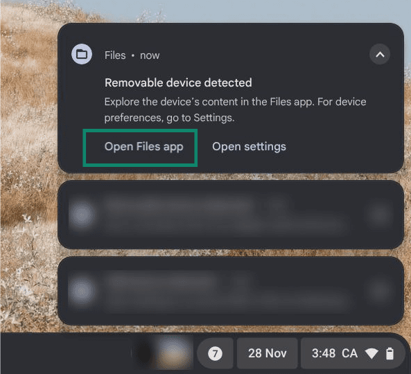 The main screen on a Chromebook, showing a few notification prompts. The 