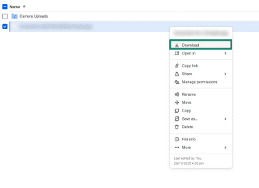 The main screen in a Dropbox account on a browser. An uploaded file is selected, and the 