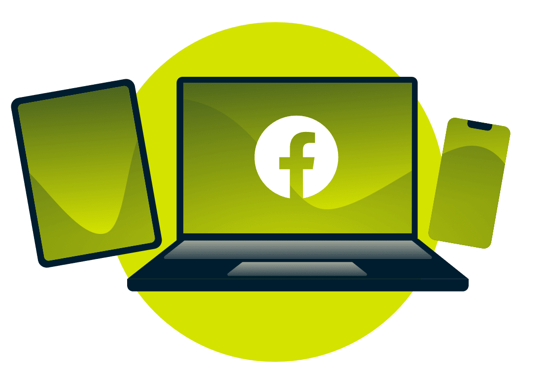 A laptop, tablet, and phone, with the Facebook logo.