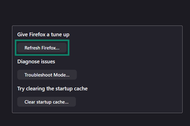 Refresh Firefox option removes all add-ons and other customizations.