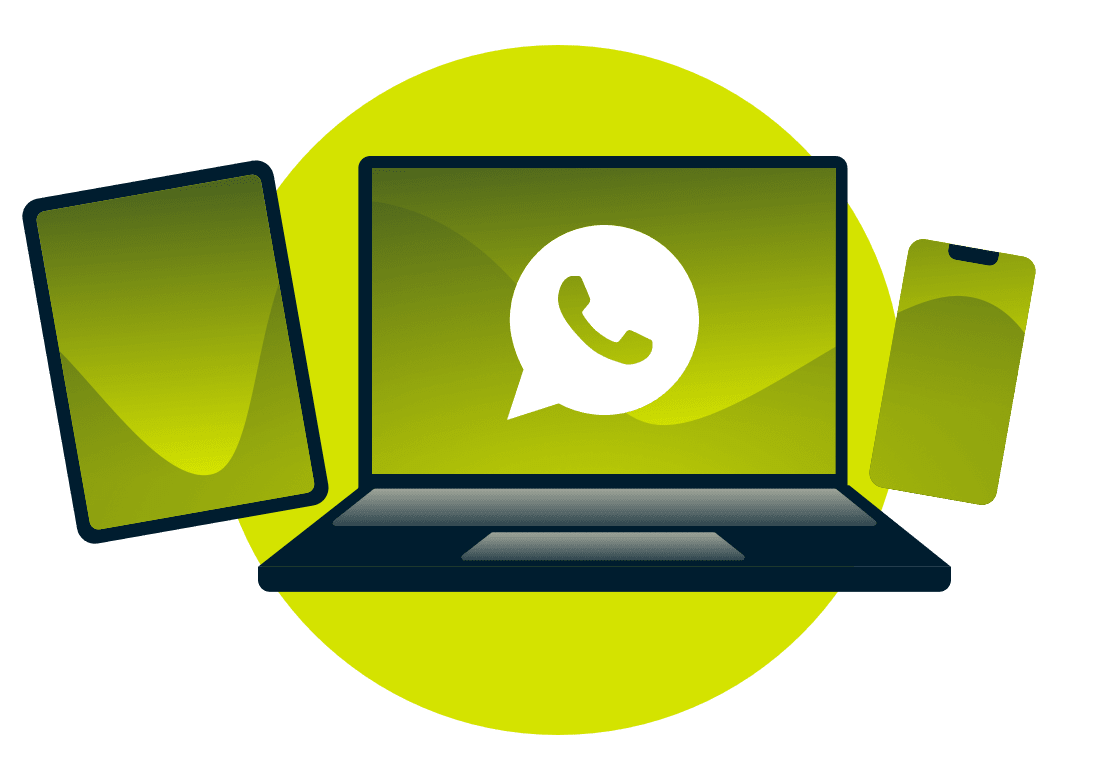 Un ordinateur portable, une tablette et un t&eacute;l&eacute;phone, avec le logo WhatsApp.